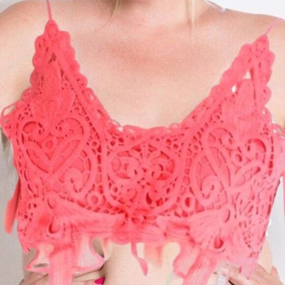 Tops - Lacy BOHO Coral/Pink Floral Cropped Bralette Plus Sizes